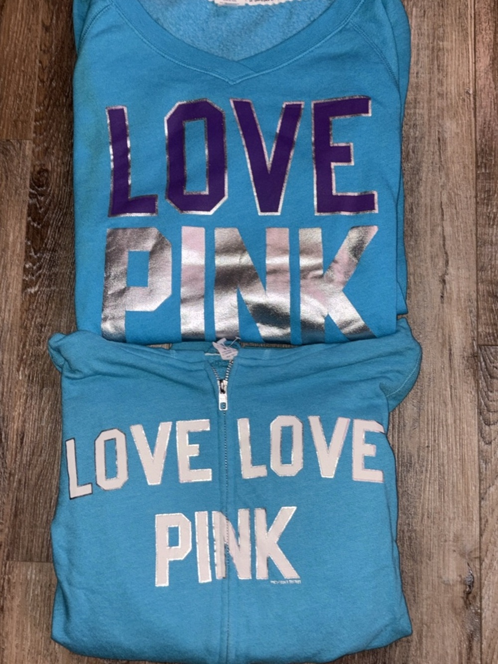 PINK Victoria's Secret Teal Blue LOVE PINK Pullover & Zip Hoodie Set
